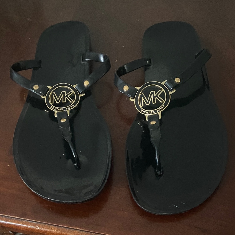 Michael Kors Black Sandals with Gold Emblem